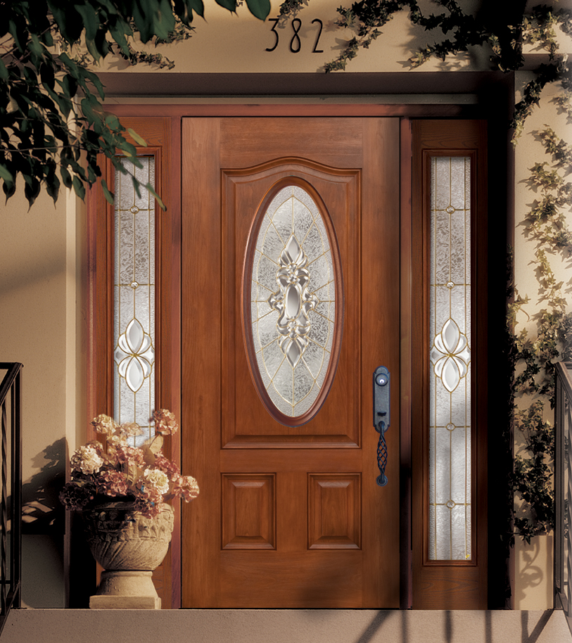 3-Panel door shown with Heirlooms glass design